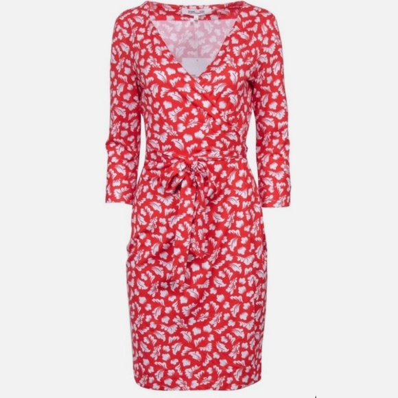 Diane Von Furstenberg red white print silk cotton jersey knit wrap dress 8 *FLAW - Picture 3 of 17